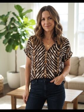 Calvin Klein Brown and Cream Zebra-Print V-Neck Blouse